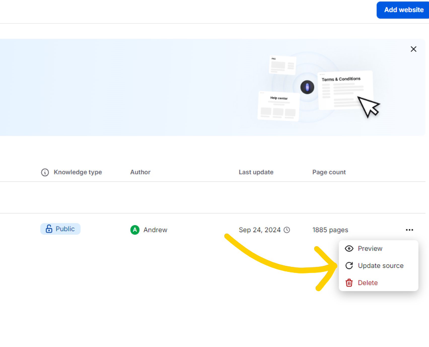 Manage website knowledge sources
